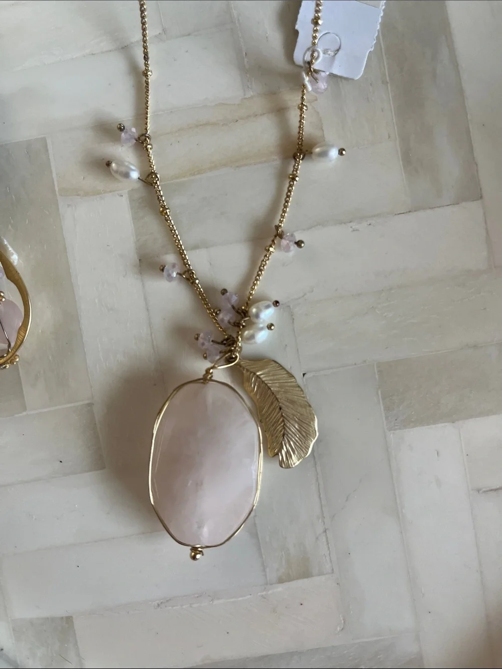 NWT Cara NY Gold-Tone Necklace and Drop Earring Set with Pale Pink &Pearl Stones